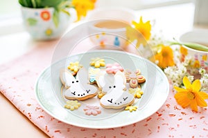 bunnyshaped cookies on a plate with spring flowers