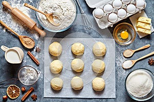 Buns dough mixing recipe bread, pizza or pie making ingridients, food flat lay