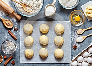 Buns dough preparing recipe bread or pie making ingridients, food flat lay on kitchen table