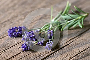 Bunsh of lavender flowers on weathered wood