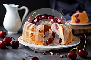 a bunt cake with cherries on a plate with a pitcher of tea in the background and a plate of cherries on the table