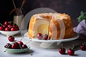 a bunt cake with a slice cut out of it and cherries on a plate next to it and a bowl of cherries in the background