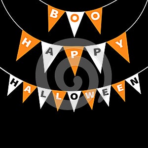 Bunting flags pack Boo Happy Halloween letters. Flag garland. Party decoration element. Hanging text on rope thread. Orange white