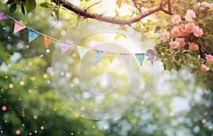 buntings over a tree branch, in the style of confetti-like dots photo