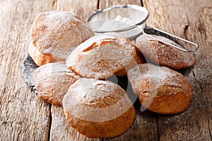 Bunuelos homemade donuts sprinkled with powdered sugar close-up. horizontal