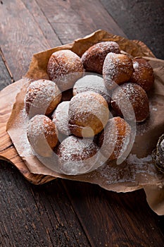 Bunuelos Mexican fritters golden, crispy-sweet, tortilla-like fritters. pile of bunyols de Quaresma, typical pastries of photo