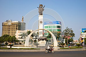 Buon Ma Thuot, Vietnam - Mar 30, 2016: Victory monument of a T-54 Tank in central point of city, crossroads of 6 roads to discover
