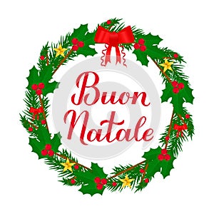 Buon Natale calligraphy hand lettering with wreath of fir tree branches. Merry Christmas typography poster in Italian. Easy to