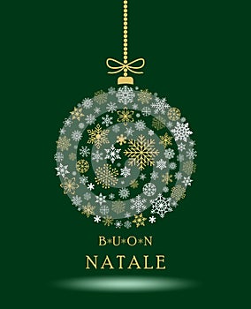 Buon Natale Christmas bauble vector with snowflakes and italian christmas greetings on white background.