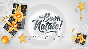 Buon natale e felice anno nuovo with gift boxes as decoration