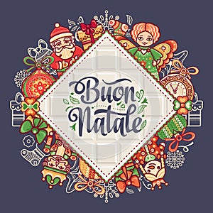 Buon Natale. Greeting card. Christmas template. Winter holiday in Italy. Congratulation on Italian. Vintage style.