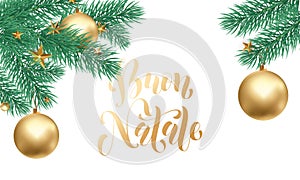 Buon Natale Italian Merry Christmas holiday golden hand drawn calligraphy text for greeting card of Christmas star ornament decora