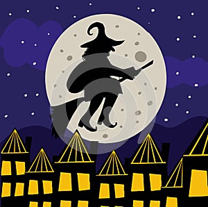 Buona Befana mean happy Epiphany Christmas Tradition in Italy Witch silhouette on night sky with moon, template for your