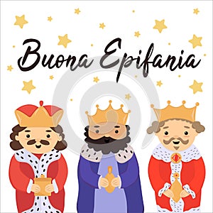Buona Epifania - Italian translation: Happy Epiphany. Cute cartoon Three Kings prince character with the beard and crown holding photo