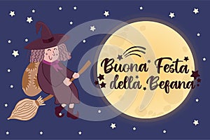 Buona festa della Befana - Italian translation - Happy Epiphany lettering decorated with stars and comet symbols. Cute