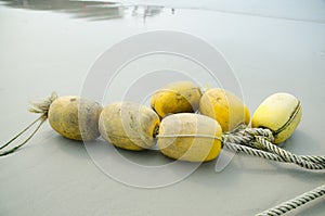 Buoy laying on sand at low tide