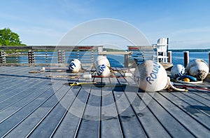 Buoys on a deck at Northport Maine