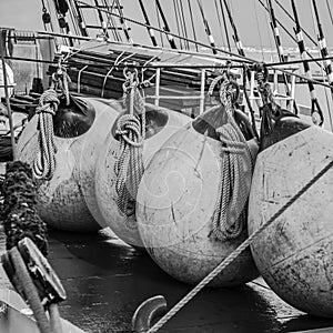 Buoys on the deck of a sailboat, close-up