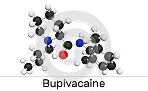 Bupivacaine molecule, is an amide-type, long-acting local anesthetic. Molecular model photo