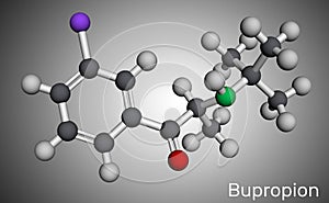 Bupropion molecule. It is aminoketone antidepressant, used in therapy of depression and smoking cessation. Molecular model. 3D