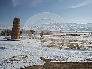 Burana Tower and Mountain Range near Tokmok, Kyrgyzstan