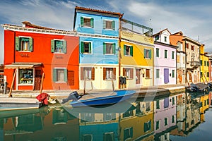 The Burano island near Venice, a canal with colorful houses