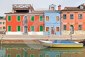 The Burano island near Venice, a canal with colorful houses