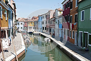 BURANO, VENICE, ITALY - APRIL 16, 2017 : View of the canal and colorful houses in a sunny day