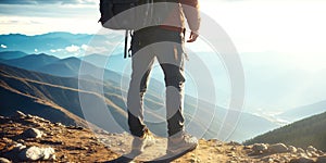 the burden of a man who has made a mountain climb, he is dressed in a jacket and on his back hangs a backpack, hiking shoes.