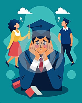 The burden of student loans loomed over recent graduates causing anxiety and fear for their financial future.. Vector photo