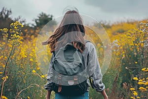 Burdened Back view walking woman backpack. Generate Ai photo