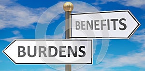 Burdens and benefits as different choices in life - pictured as words Burdens, benefits on road signs pointing at opposite ways to