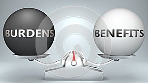 Burdens and benefits in balance - pictured as a scale and words Burdens, benefits - to symbolize desired harmony between Burdens