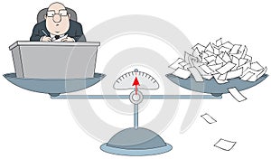 Bureaucrat on the scales with the pile of paper photo