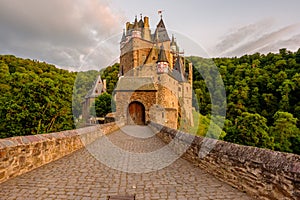 Burg Eltz castle in Rhineland-Palatinate at sunset