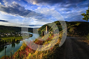 Burg Metternich in the town Beilstein on romantic Moselle, Mosel river. 360 degree panorama view. Rhineland-Palatinate, Germany