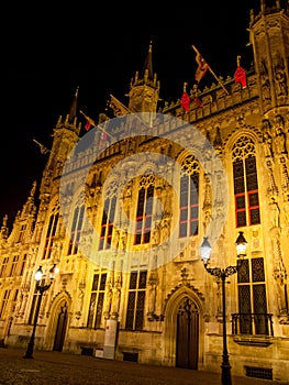 Burg square with the City Hall in Bruges by night