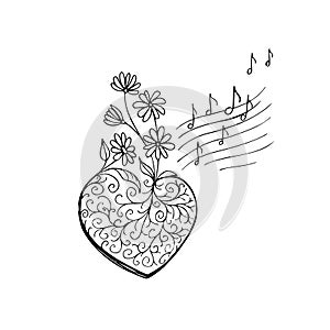 Burgeoning singing heart and music notes symbols Monochrome music art Illustration of sound backdrop