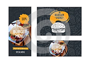 Burger banners set, menu with doodle icons and burger photo, fast food background, chackboard cafe design, grill