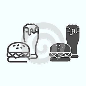 Burger and beer line and solid icon. Fast-food with drink vector illustration isolated on white. Burger and glass of
