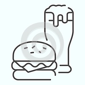 Burger and beer thin line icon. Fast-food with drink vector illustration isolated on white. Burger and glass of beer