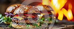 Burger being prepared with cheese on juicy cutlet, Gastronomy and fast food concept.
