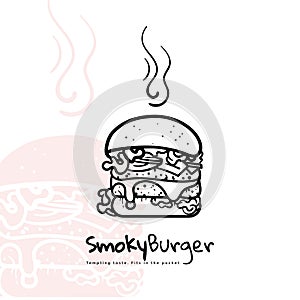 Burger in black hand drawn design with smoked effect design for burger shop template design