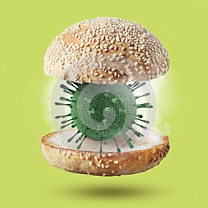 Burger bun with 3D model of Coronavirus molecule.