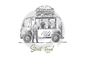 Burger, car, fast food, shop, truck concept. Hand drawn isolated vector.