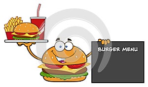 Burger Cartoon Mascot Character Holding A Platter With Burger, French Fries And Soda By Sign Burger Menu