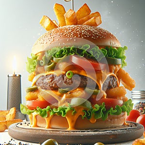 Burger cheese with smooky beef and fresh vegetables, and extra potatoes photo