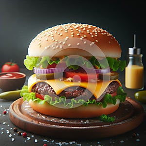 Burger cheese on a wooden plate delicious with beef cheese and tomato vegetables photo