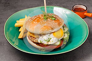 Burger with chicken cutlet and egg. With tomato sauce and French fries