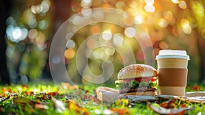 Burger with coffee on the grass in the park for spring or summer picnic on blurred Ai, Ai Generated